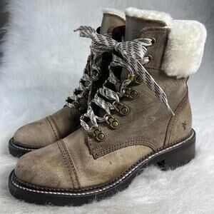 Frye Samantha Hiker Boots Women’s 7B Brown Leather Fur-Lined NEW Winter Lace-Up